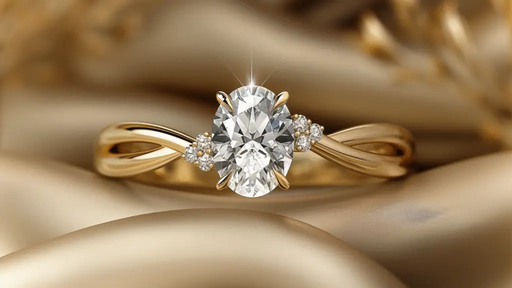 Custom oval diamond engagement ring with twisted gold band, handcrafted by Rudix Jewellery in Hamilton