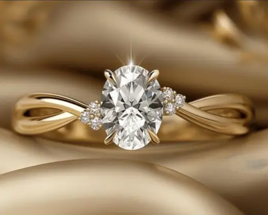 Custom oval diamond engagement ring with twisted gold band, handcrafted by Rudix Jewellery in Hamilton